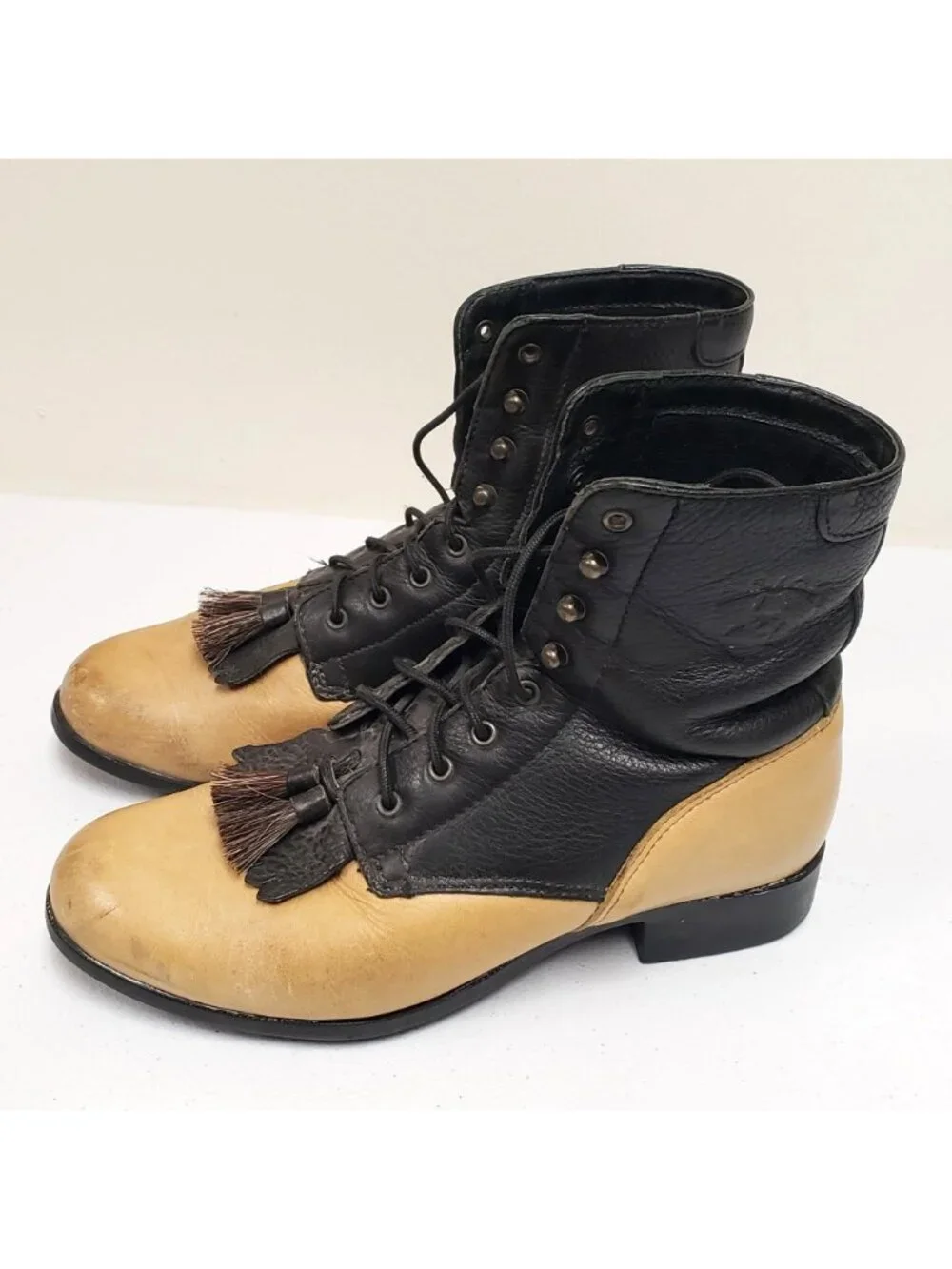 Ariat Two-Tone Leather Lace-Up Riding Boots Horse Hair Tassels Black Tan Size 7. - Picture 3 of 14